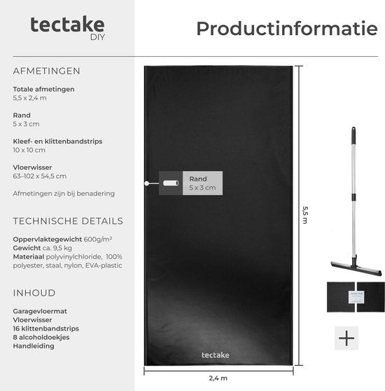 tectake® Garagemat - Vloermat - 550 x 240 cm - Antislip en Waterdicht - Inclusief Uitschuifbare Trekker, Klittenbandpads en Alcoholdoekjes - Milieumat - Werkplaatsmat - Voor Garage, Motor en Auto