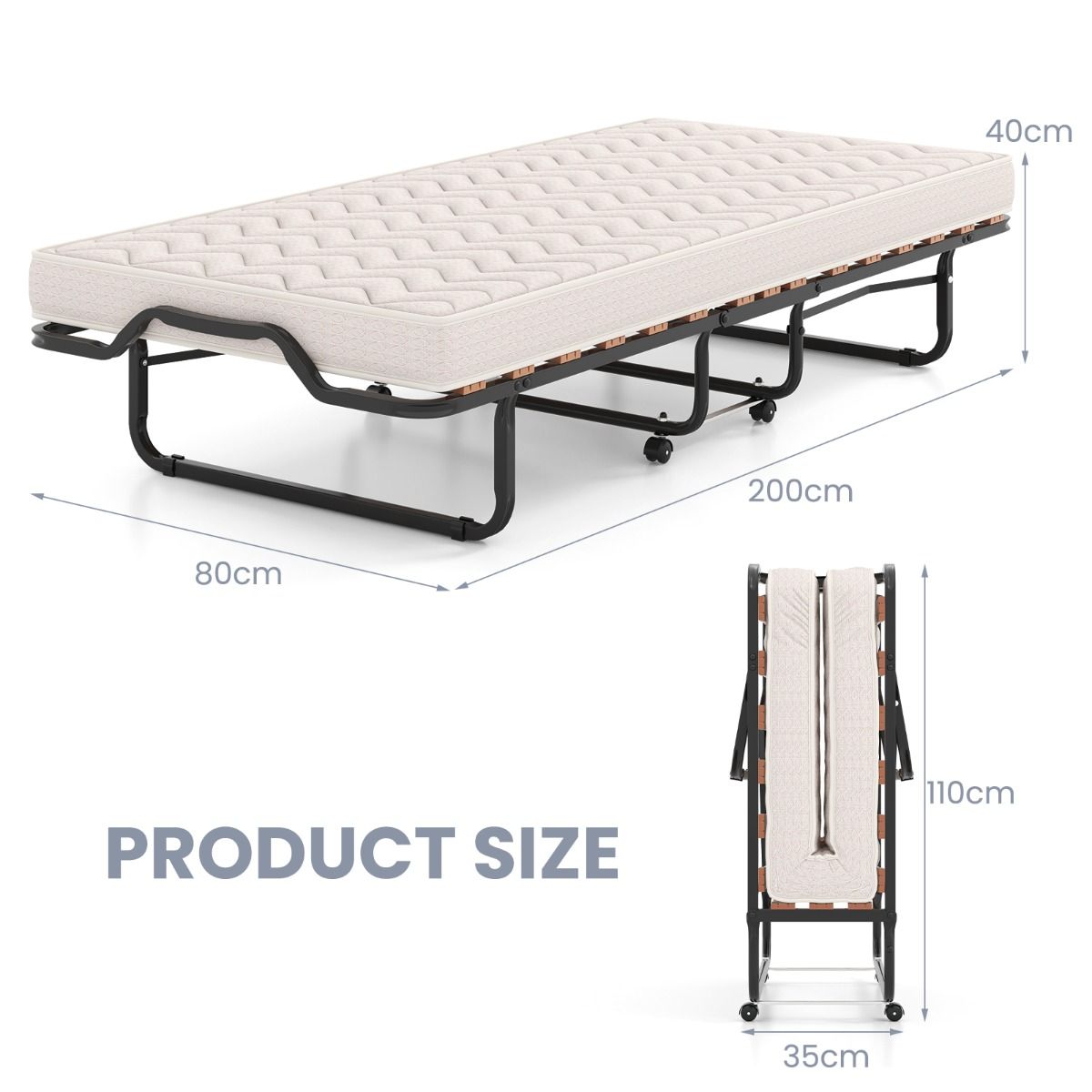 Coast Opklapbaar Logeerbed 80x200 cm Beige – Extra Comfortabel Traagschuimmatras, Hypoallergeen & Metalen Frame op Wieltjes – Gemaakt in Italië