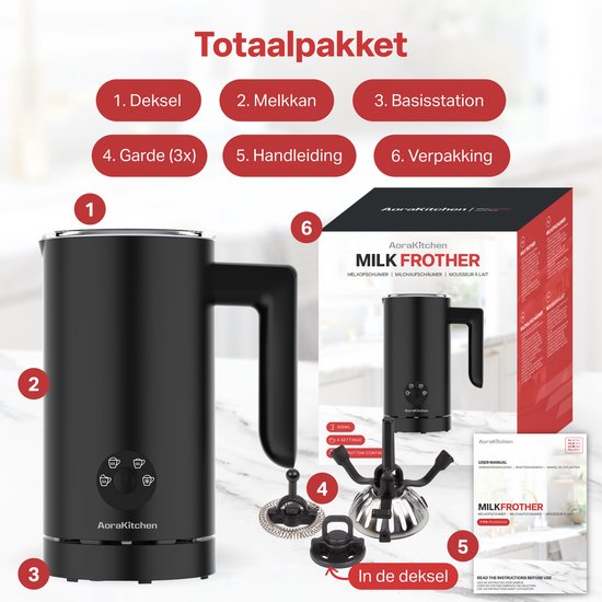 AoraKitchen Melkopschuimer - 300ML - Melkschuimer - RVS - Electrisch - 4-in-1 - Antikleeflaag - 500W