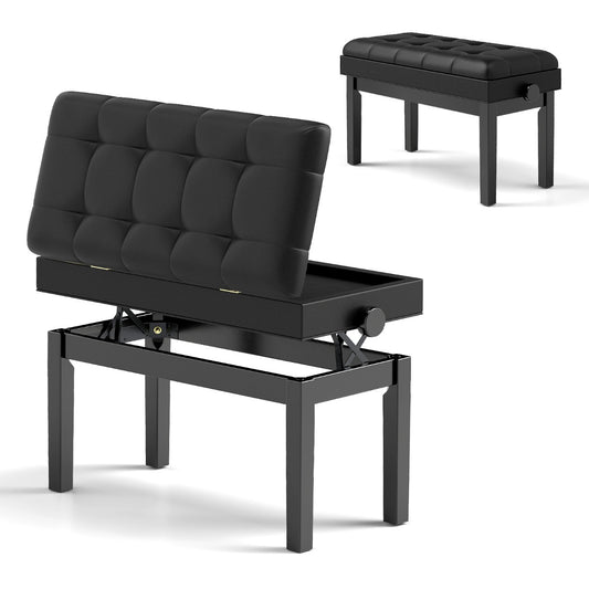 Verstelbare duet-pianobank met Opbergruimte en Waterdicht gewatteerd kussen - 6 x 36 x 48-58 cm - Zwart