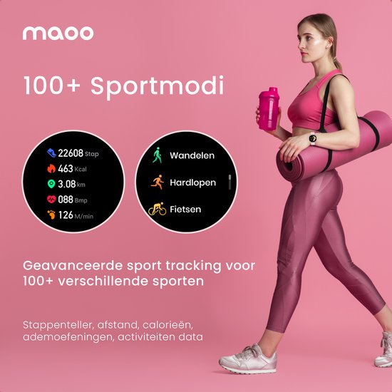 Maoo Ventura AMOLED Smartwatch Dames – RVS & 4x Siliconen Bandjes – Stappenteller, Hartslagmeter, Slaapmonitor, Multisport, Notificaties, Bellen, GPS, Android & iOS – Zwart