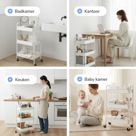 Keuken trolley op Wieltjes - 3 laags - Keukenrek - Serveerwagen - Kastje - Karretje - Opberg - Douche kastjes staand - Rekje - Wit - Luft