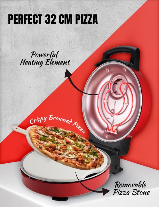 Bestron Turbo Pizzaoven voor pizza's in 5-10 minuten, elektrische pizzaoven met echte maximumtemperatuur van 320°C, inclusief pizzasteen en 2 grote houten spatels, Viva Italia, kleur: Rood