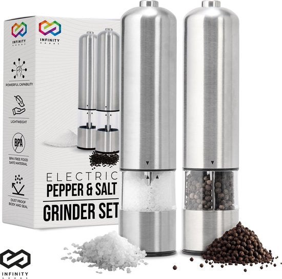 Infinity Goods Elektrische Peper- En Zoutmolen Set - Pepermolen - Zoutmolen - Verstelbare Maalgraad - Kruidenmolen - RVS