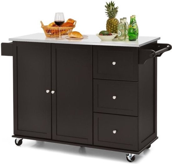 Coast Keukenwagen serveerwagen - RVS - Keukeneiland met 3 laden - 135 x 45,5 x 91,5 cm - Bruin/Wit/Zwart