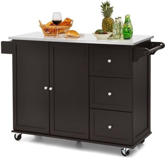 Coast Keukenwagen serveerwagen - RVS - Keukeneiland met 3 laden - 135 x 45,5 x 91,5 cm - Bruin/Wit/Zwart