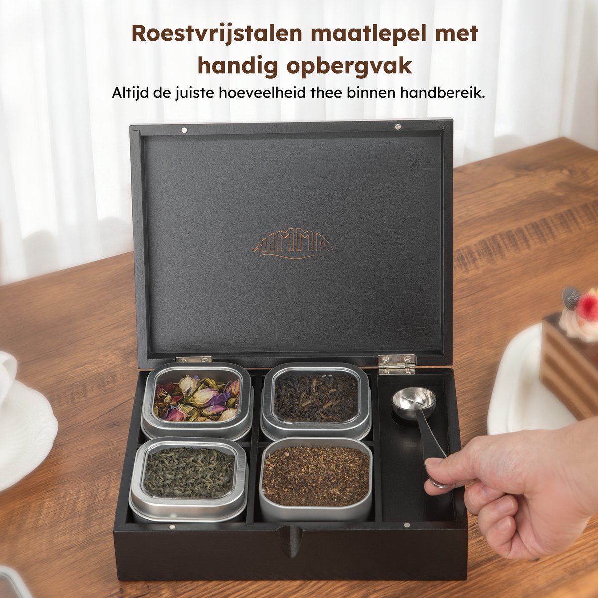 Nimma Theedoos met Blikken 23,7x18,1x7 cm - Bamboe - 4 vakken - Plexiglas deksel