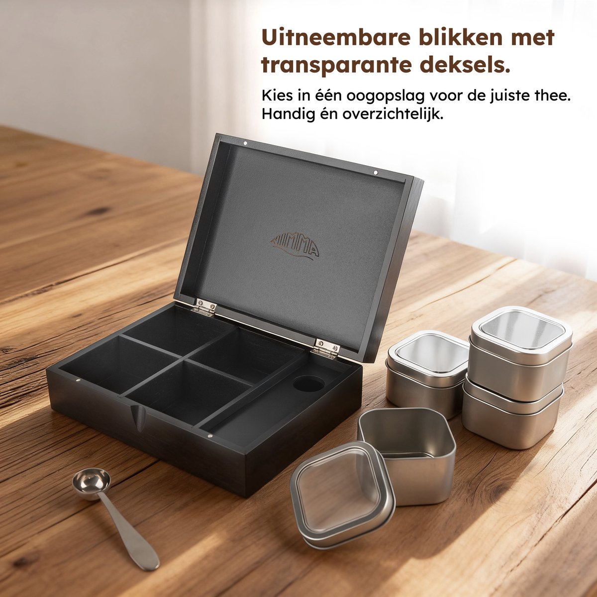 Nimma Theedoos met Blikken 23,7x18,1x7 cm - Bamboe - 4 vakken - Plexiglas deksel