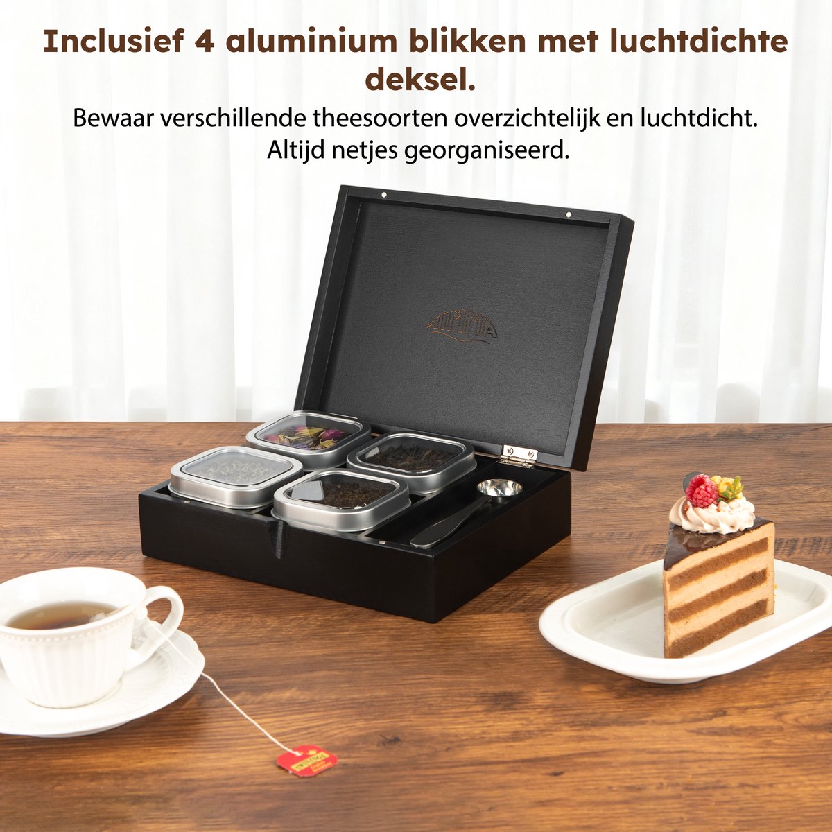 Nimma Theedoos met Blikken 23,7x18,1x7 cm - Bamboe - 4 vakken - Plexiglas deksel