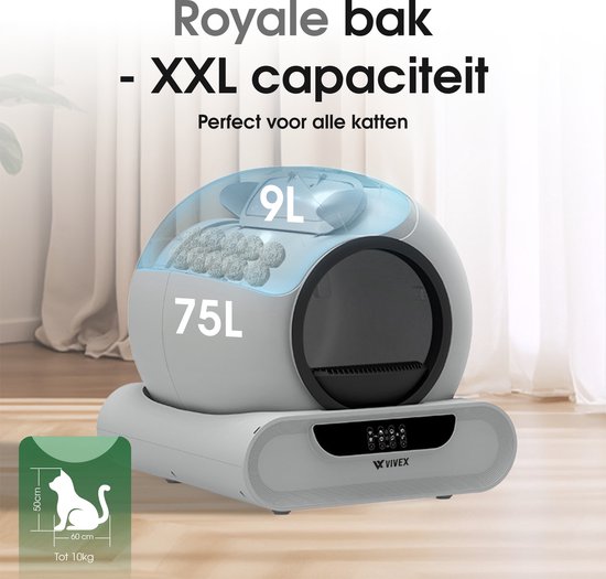 Vivex® Automatische Kattenbak – Zelfreinigende Kattenbak Inclusief App – 75L - incl Matje en 5 Rollen opvangzakjes - XXL
