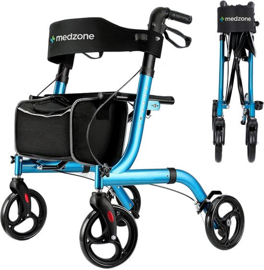 Medzone Rollator Lichtgewicht en Opvouwbaar - Zitfunctie - Binnen en Buiten - Rugleuning en Wandelstok Houder - Blauw