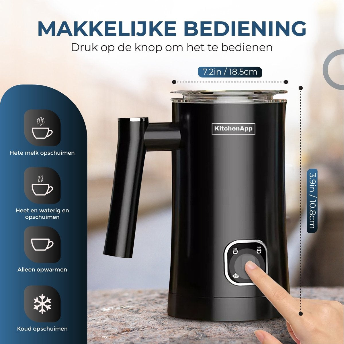 KitchenApp Melkopschuimer elektrisch - Schuimen en verwarmen - 4 in 1 - 350ML - Zwart