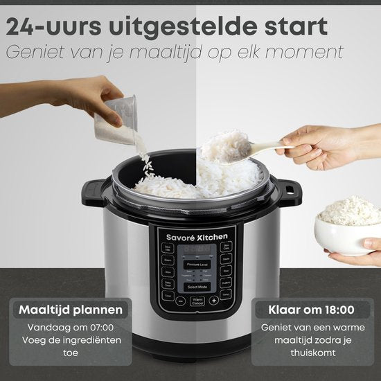 Savoré Kitchen Pressure Cooker 6L – Tot 6 Pers. – PFAS-vrij – 29 × 33,5 cm – Snelkookpan, Rijstkoker, Slowcooker, Stomer, Sous-vide & Multicooker