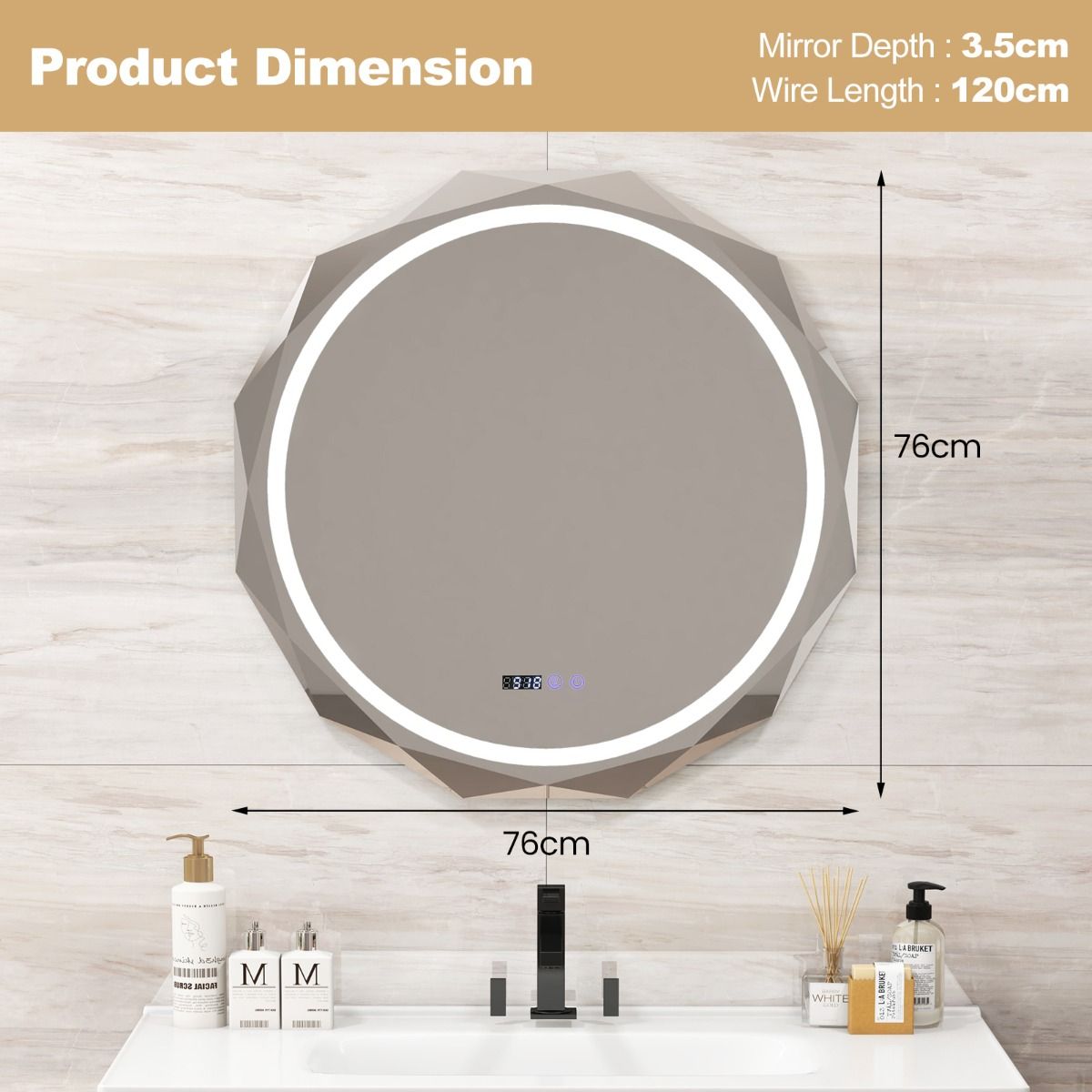 Coast LED-Badkamerspiegel 76x76 cm Zilver/Wit met Anti-Condens, Verlichting, Klok en Temperatuurweergave