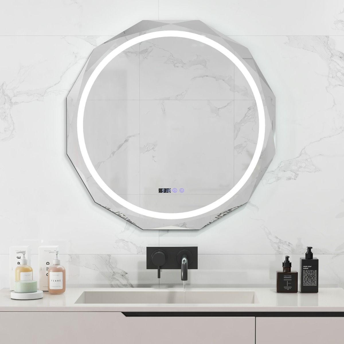 Coast LED-Badkamerspiegel 76x76 cm Zilver/Wit met Anti-Condens, Verlichting, Klok en Temperatuurweergave