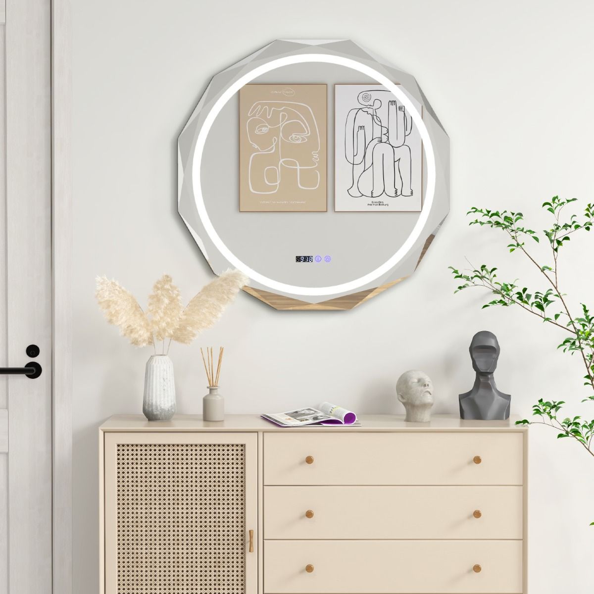 Coast LED-Badkamerspiegel 76x76 cm Zilver/Wit met Anti-Condens, Verlichting, Klok en Temperatuurweergave