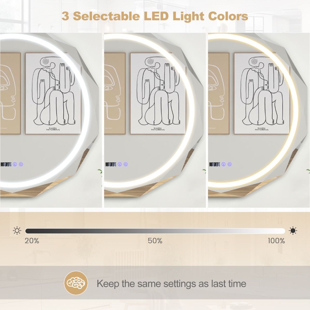 Coast LED-Badkamerspiegel 76x76 cm Zilver/Wit met Anti-Condens, Verlichting, Klok en Temperatuurweergave