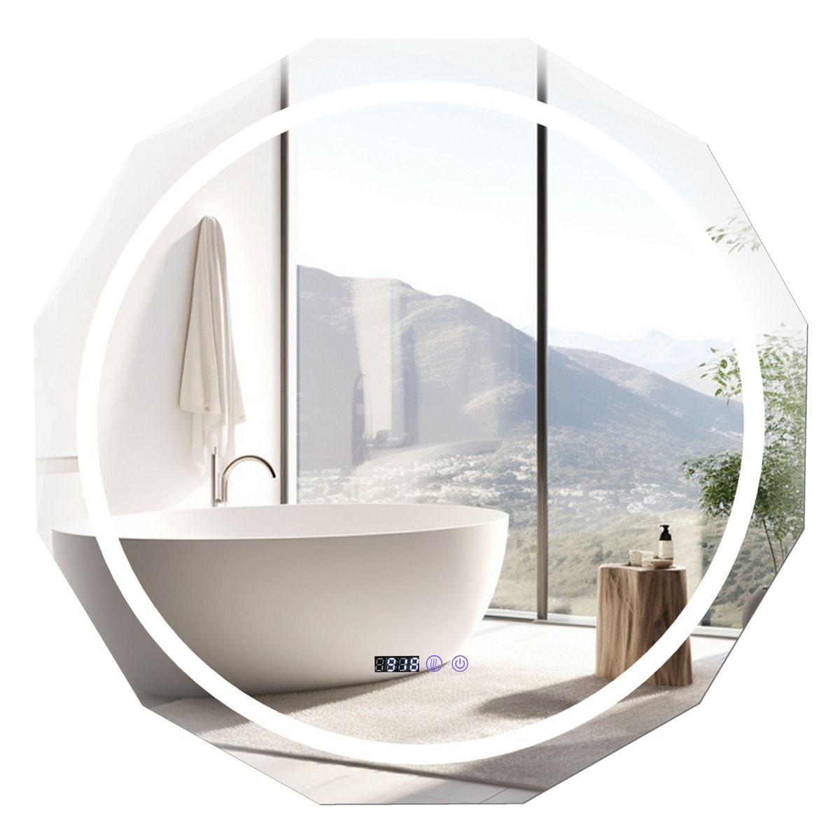 Coast LED-Badkamerspiegel 76x76 cm Zilver/Wit met Anti-Condens, Verlichting, Klok en Temperatuurweergave