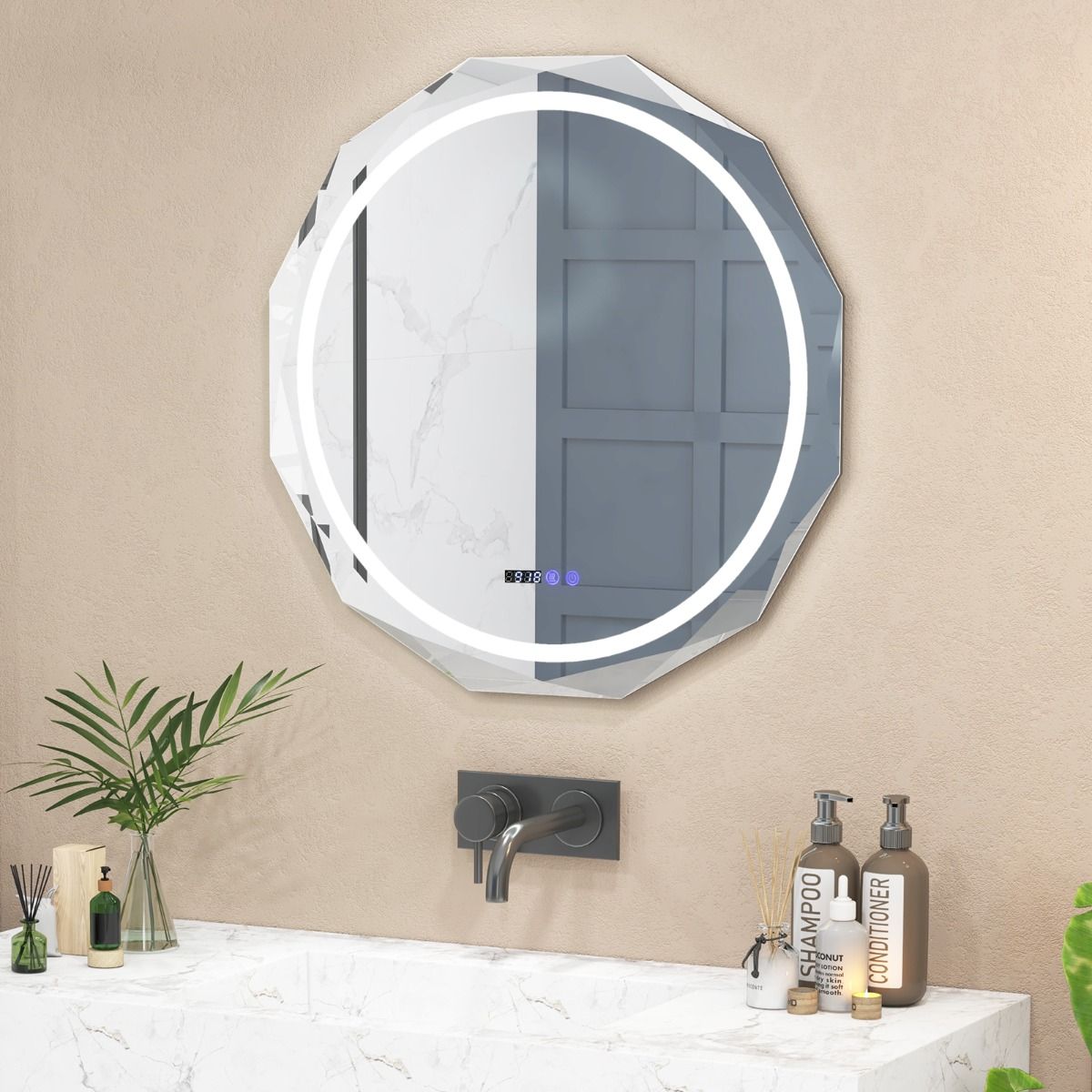 Coast LED-Badkamerspiegel 76x76 cm Zilver/Wit met Anti-Condens, Verlichting, Klok en Temperatuurweergave