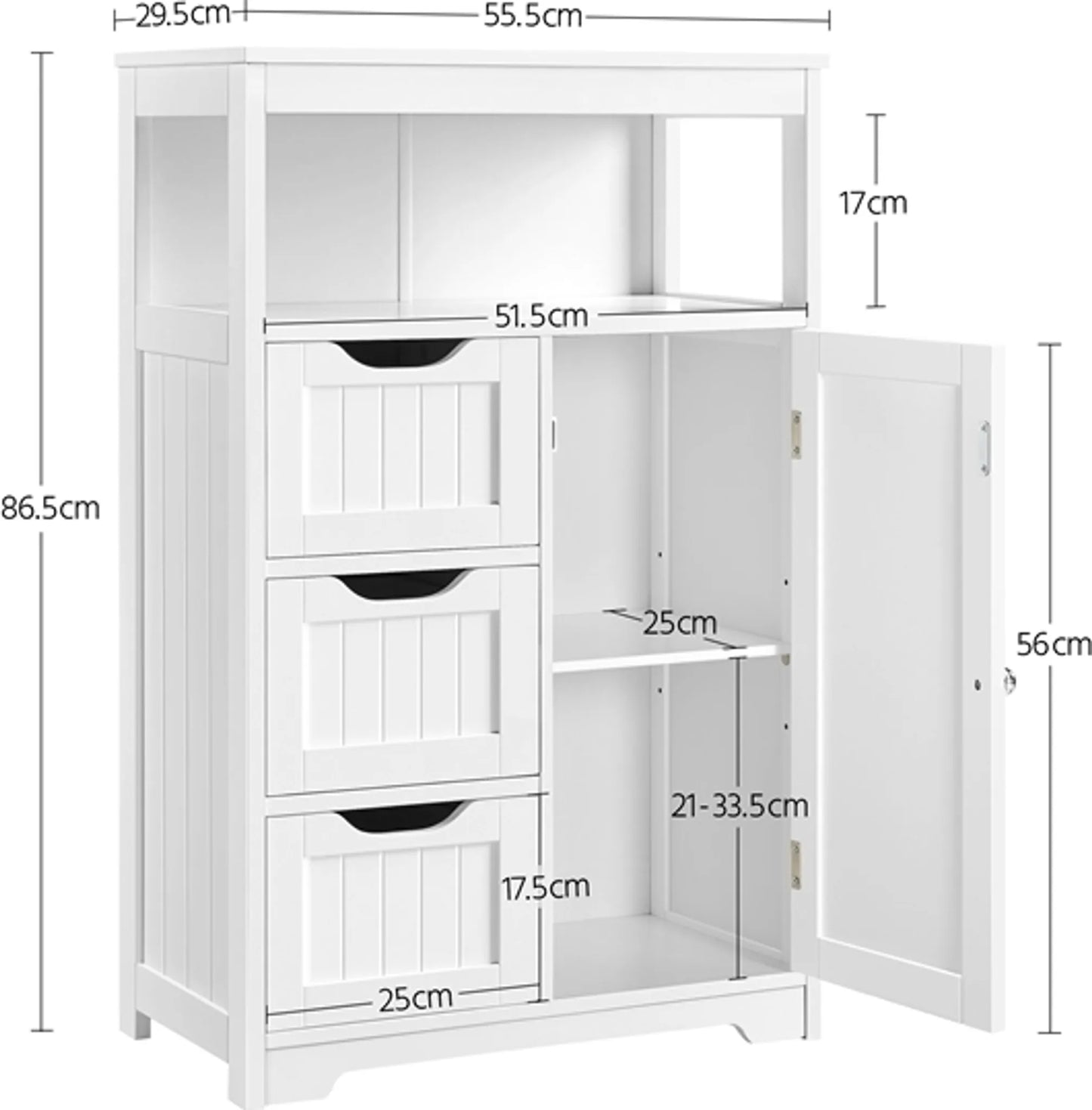 Yaheetech Badkamerkast Wit – Voorzien Van 3 Lades En Kastje Met Verstelbare Plank En Open Opbergvak – Voor Woonkamer En Slaapkamer – Wit Mdf En Metaal – 55,5 x 29,5 x 86,5 cm
