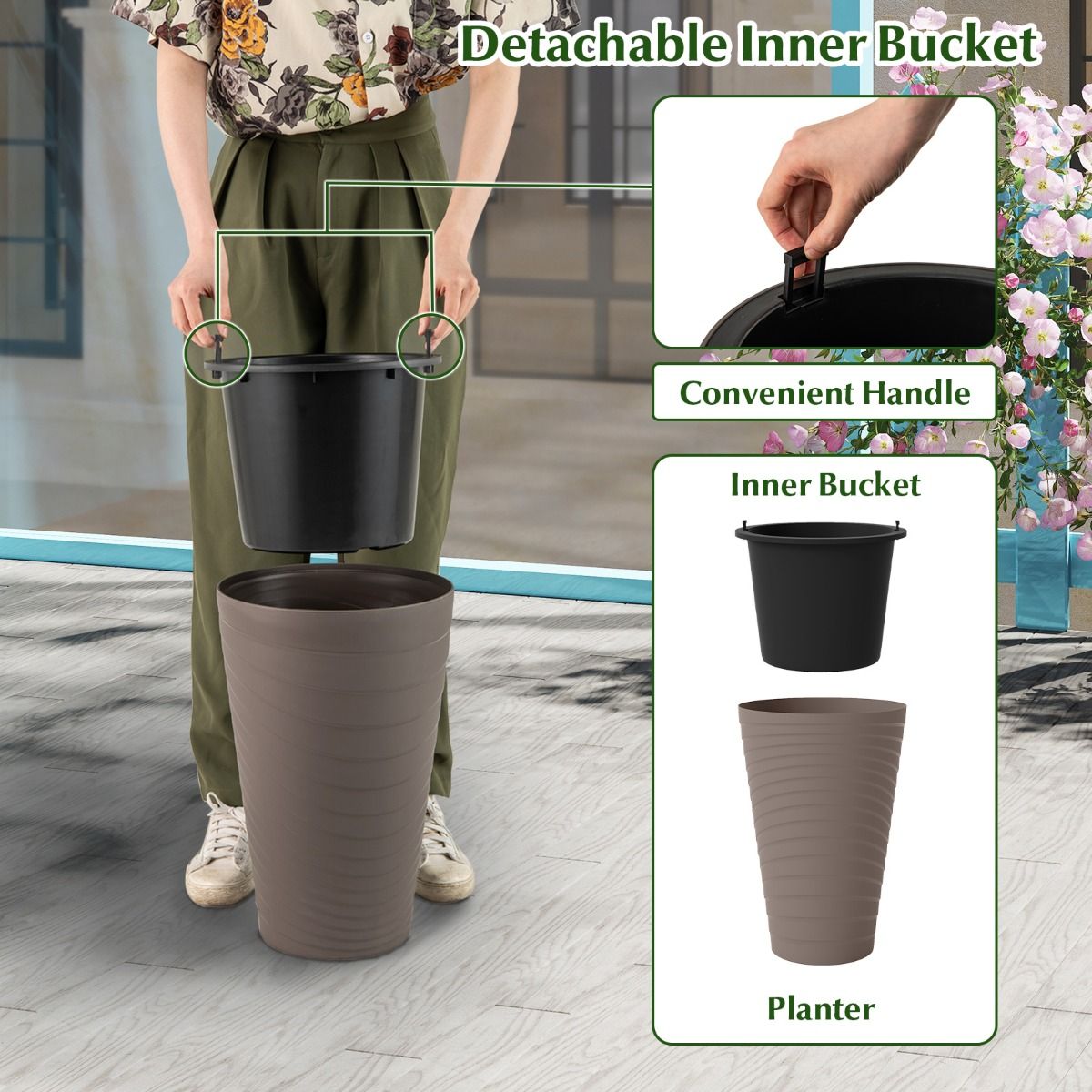 Coast Plantenbakken Set van 2 - met binnenpot en drainagegaten - weerbestendig - bruin - 45 cm hoog