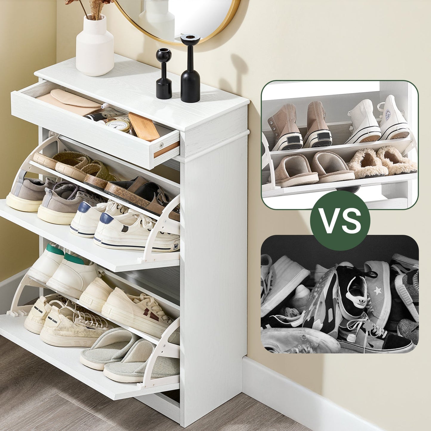 SoBuy FSR78-WG Schoenenkast met 2 Kleppen, 8 Paar, Hal en Entree, 54 x 24 x 82 cm, Wit met Verouderd Houteffect