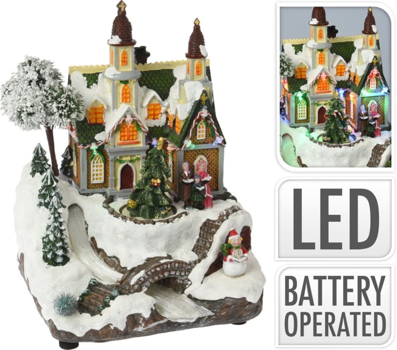 kersttafereel kerk met fiber optic rivier – multicolour – 19 x 18 x 25 cm – ledverlichting, muziek & beweging