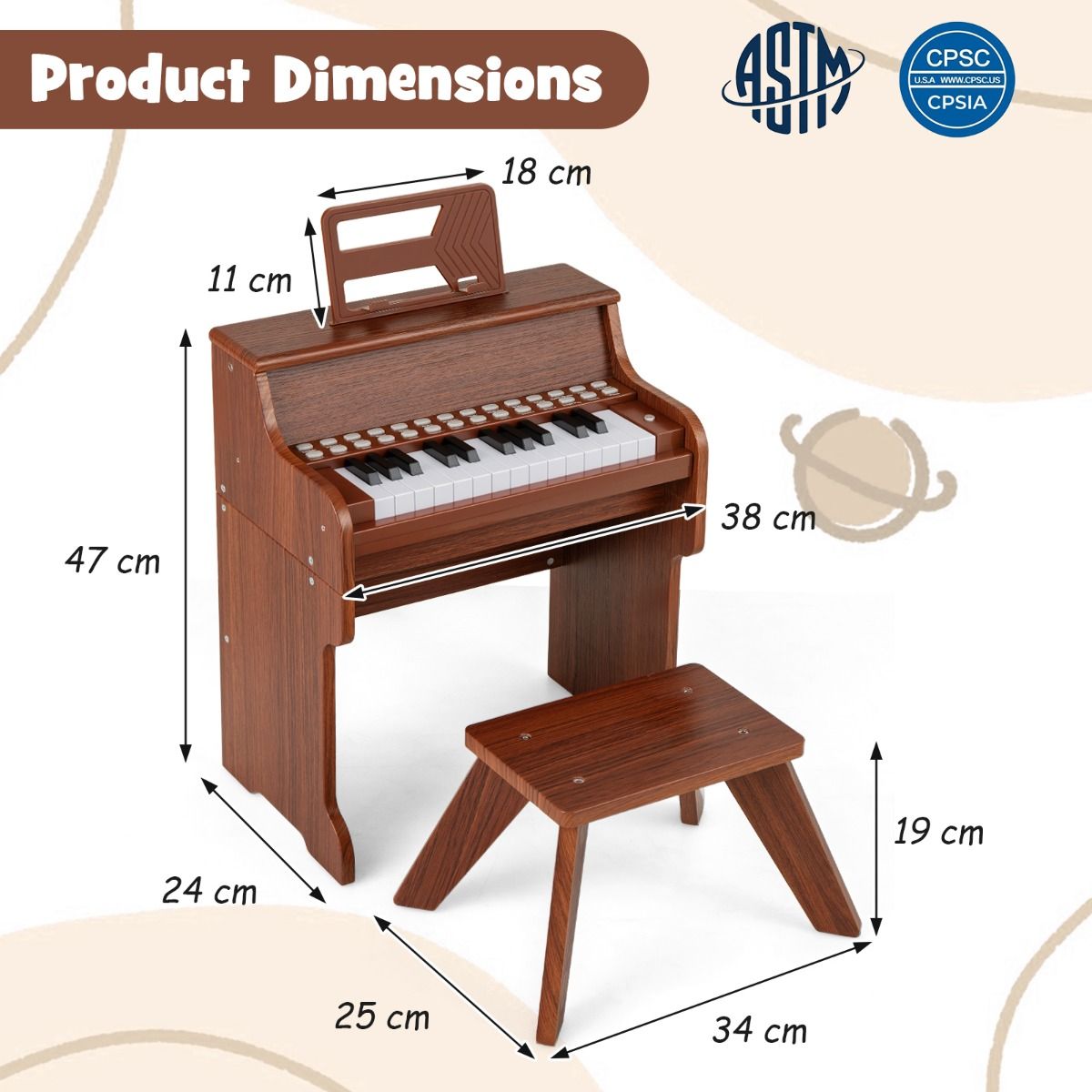 Coast Kinderpiano met 25 Toetsen - Elektronische Piano met Krukje - Lesmodus - Zwart