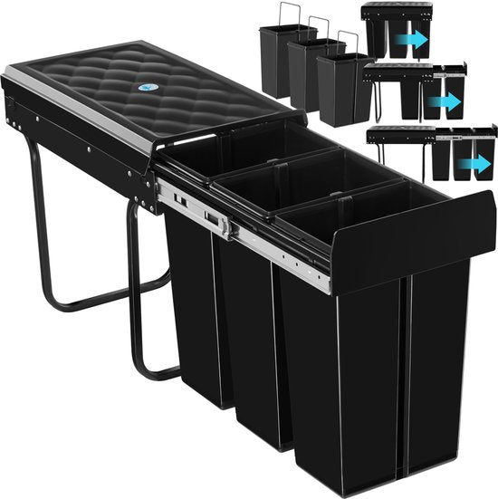 tectake® Afvalverzamelaar - Inbouw vuilnisbak - Meervoudige afvalscheiding - Efficiënte opruimoplossing voor keuken en kantoor - Driedubbele prullenbak met telescooprails - 3x 10L