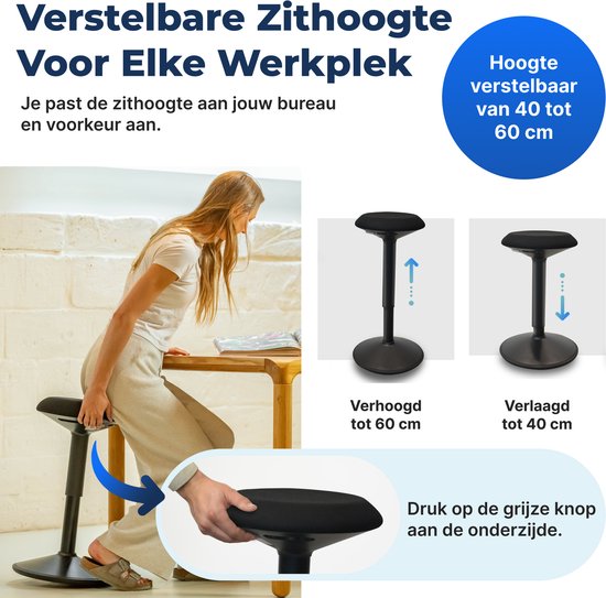 Backerz Wiebelkruk - Ergonomische Wiebel Stoel hoogte 40-60cm - Balanskruk - Zit Sta kruk - Zadelkruk Zwart