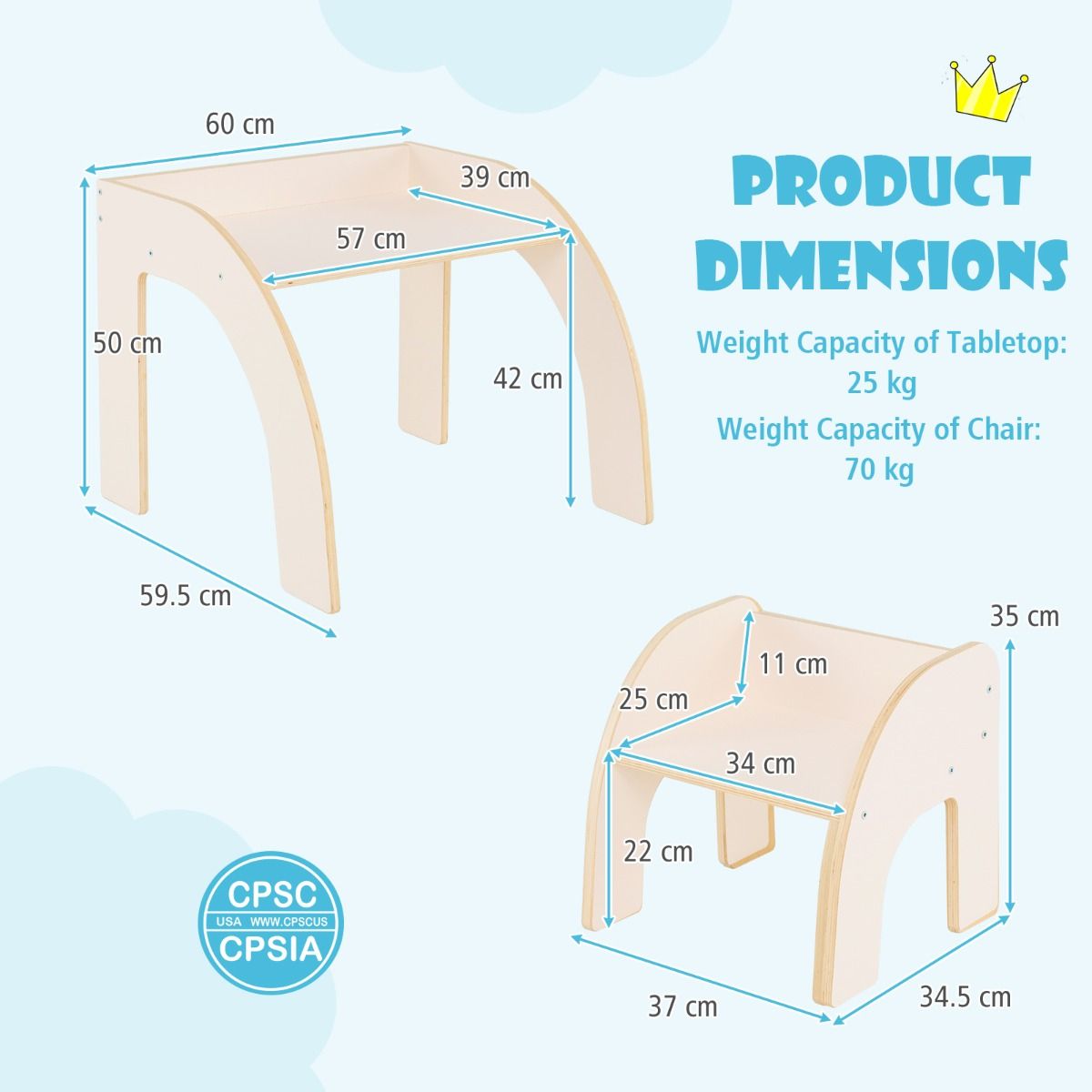 Coast kindertafel met 1 Houten Stoeltje – 60 × 60 × 52 cm – Natuurlijk Hout