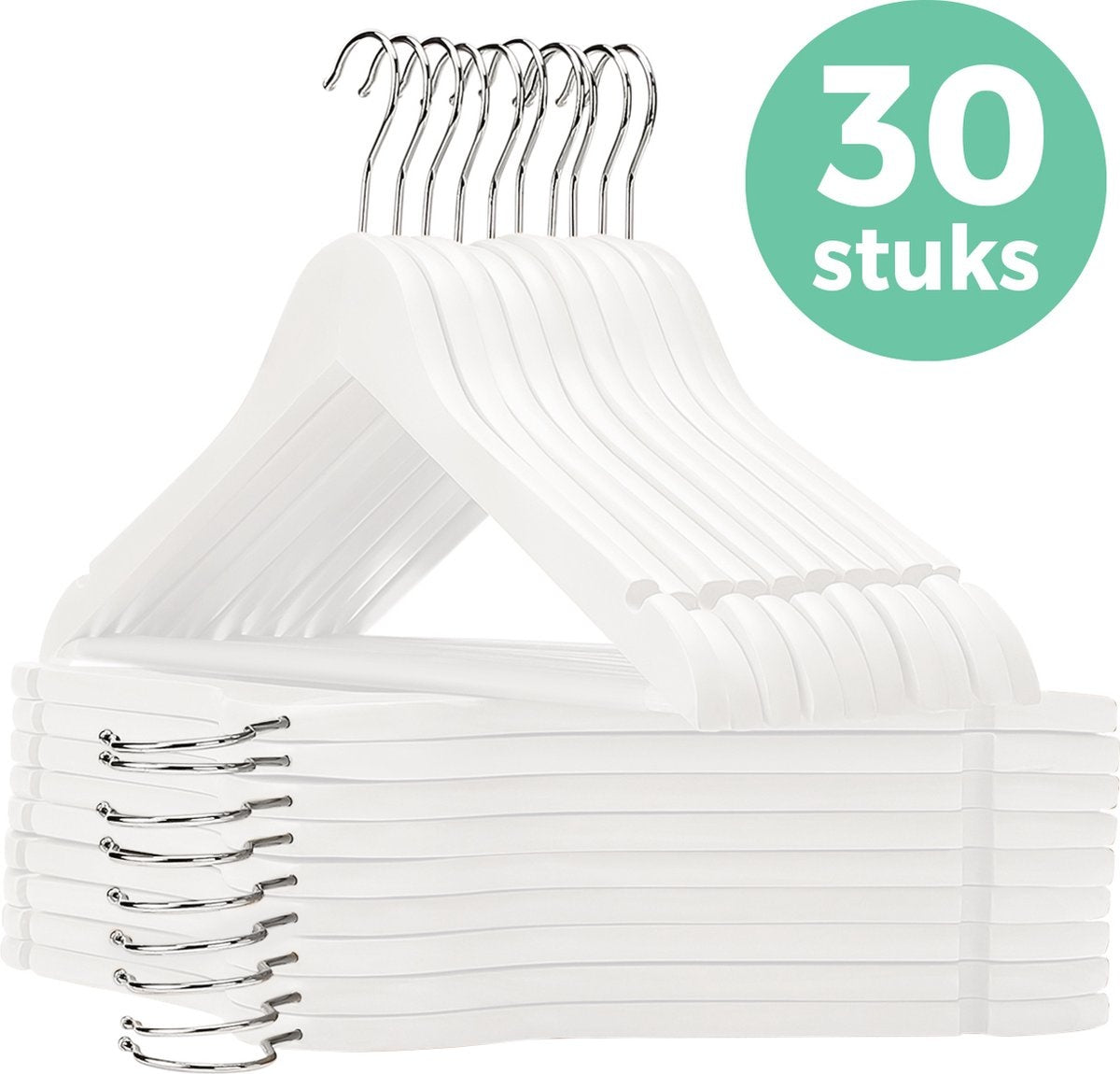 LifeGoods Kledinghangers - Met Broeklat - Hardhout - Wit - 30 Stuks