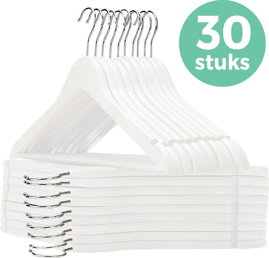 LifeGoods Kledinghangers - Met Broeklat - Hardhout - Wit - 30 Stuks