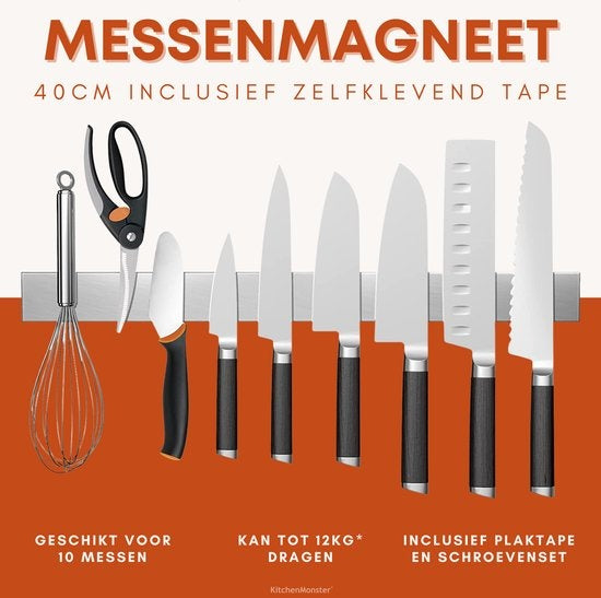 KitchenMonster® Messenmagneet Messenblok 40 cm - Magnetische Messenhouder Inclusief Zelfklevend Tape (3M) en Schroefbevestiging - Messenmagneetstrip RVS
