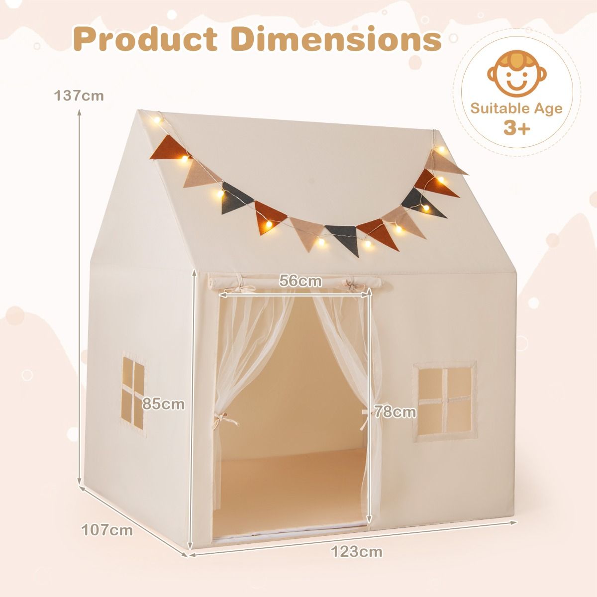 Coast Speeltent voor Kinderen - Incl. Lichtsnoer - 123 x 107 x 137 cm - Beige