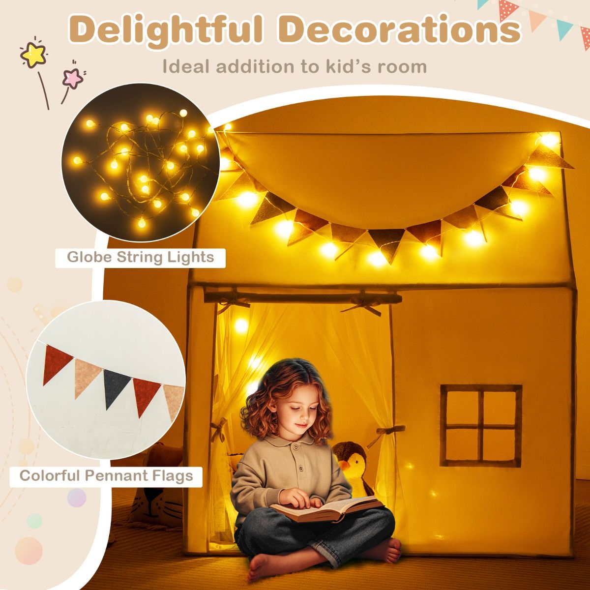 Coast Speeltent voor Kinderen - Incl. Lichtsnoer - 123 x 107 x 137 cm - Beige