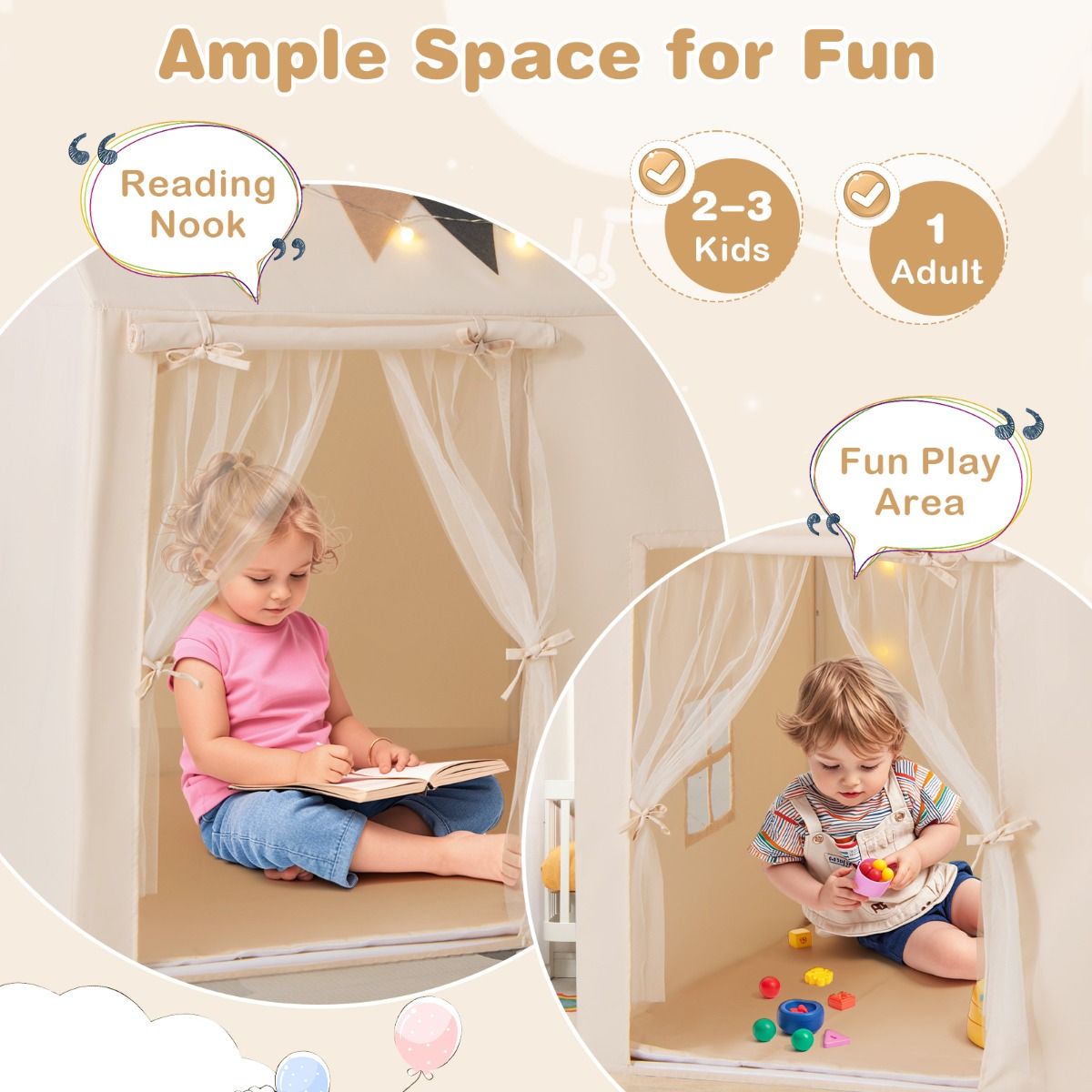 Coast Speeltent voor Kinderen - Incl. Lichtsnoer - 123 x 107 x 137 cm - Beige