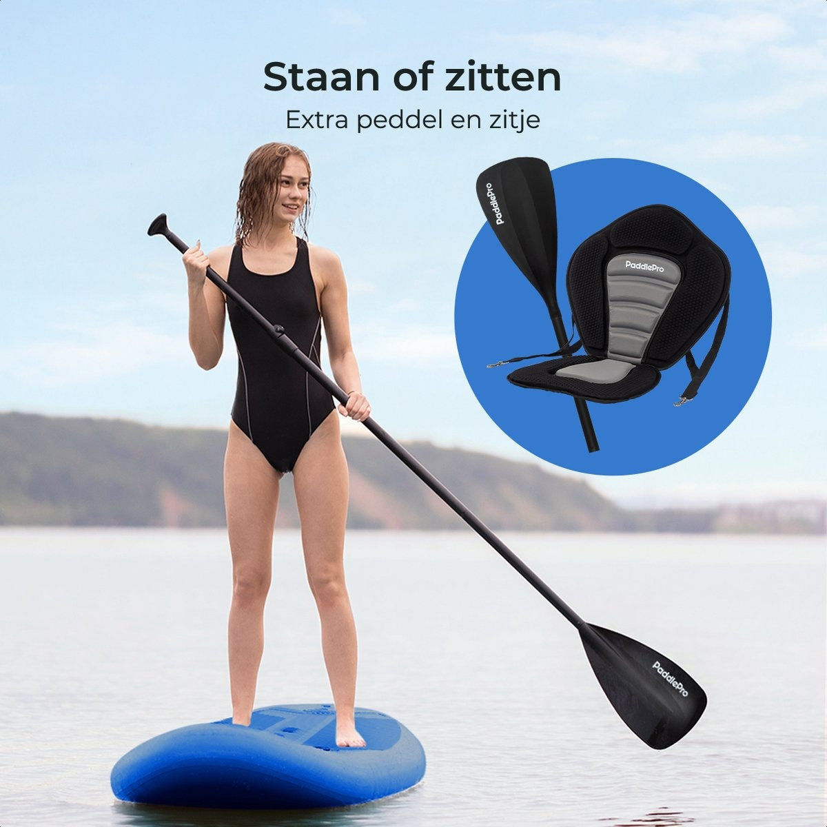 LifeGoods SUP Board - Luxe Set - met Zitje - Opblaasbaar Paddle Board - Max. 135KG - 320x81cm - Blauw