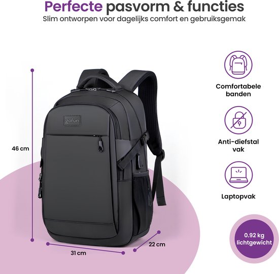 Gofun Rugzak – 35L – 15,6 inch – Waterafstotend & Anti-diefstal – USB-aansluiting – Rugtas – Schooltas – Laptoptas – Zwart