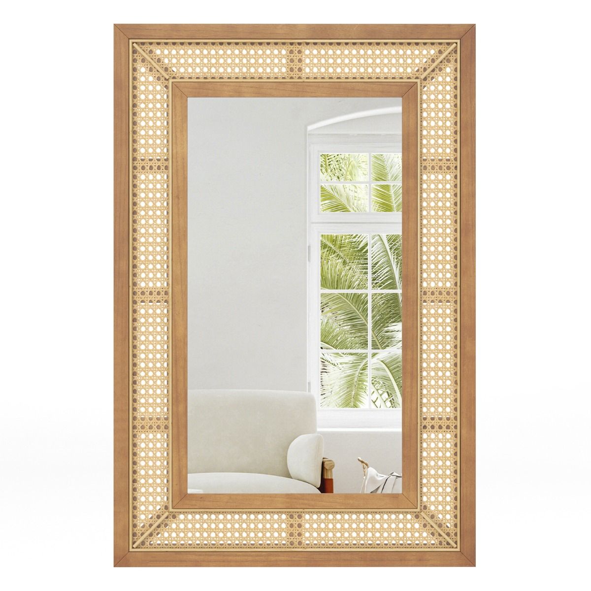 Coast Rotan Wandspiegel 90x60 cm Natuurlijk Hout – Rechthoekige Boho Spiegel Horizontaal of Verticaal Ophangbaar