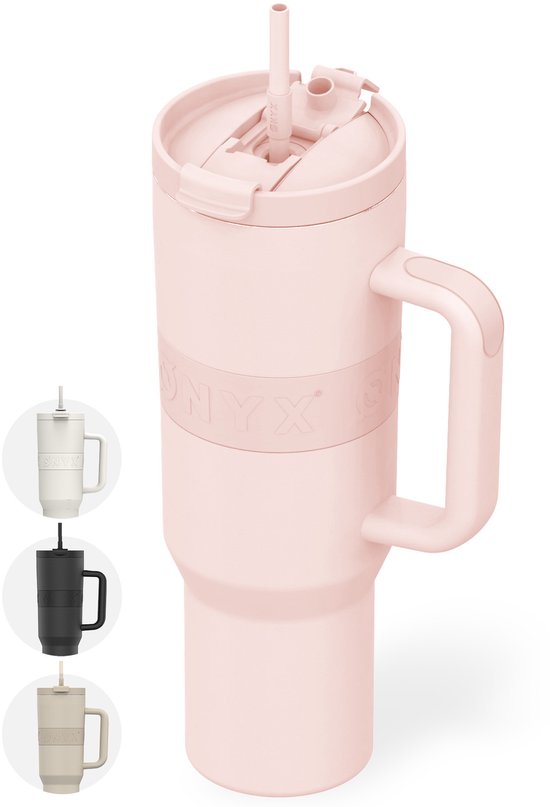 ONYX Drinkfles met Rietje 1 Liter - Waterfles voor Kinderen & Volwassenen - Thermosbeker RVS Travel Mug - Motiverende Drinkbus - Drinkbeker voor School - Candy Pink