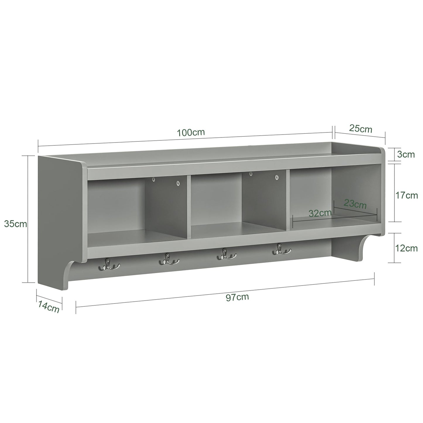 SoBuy Wandkapstok - 4 Dubbele Haken - 3 Open Vakken - 100 x 25 x 35 cm - Grijs