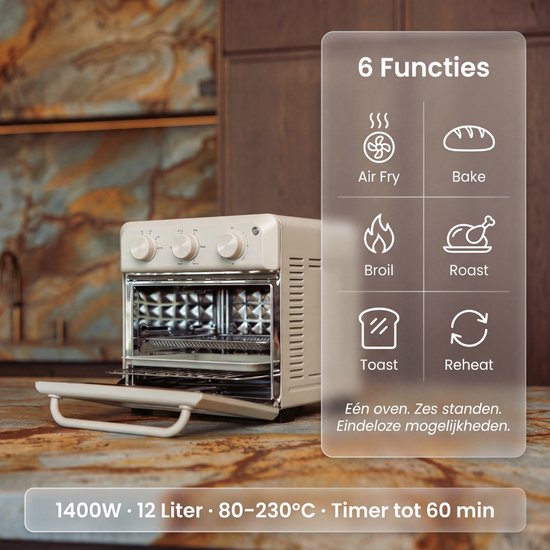 Safecourt 6-in-1 Airfyer oven - 100% PFAS-vrij - 6 programma’s - 80 tot 230 graden - Airfryer, bakken, roosteren, toasten, grillen & opwarmen - Beige