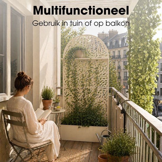 Mica Decorations Sapri Plantensteun - Plantenbak met Klimrek voor Klimplanten - Plantenstandaard Vrijstaand of tegen Muur - 90 x 33 x 180 cm - Off White