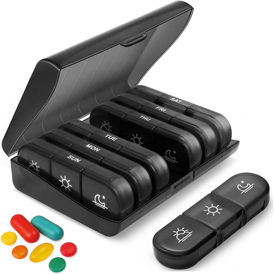 Alyze Medicijndoos 7 Dagen Zwart 15.6 x 12 x 4.2 cm – Pillendoos BPA-vrij met 3 Vakken per Dag – Compact en Duurzaam Medicatiebox
