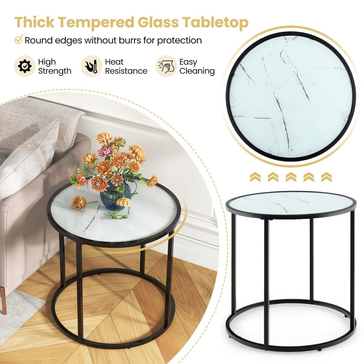 Coast Ronde Glazen Bijzettafel met Marmerlook Blad en Metaalframe – Modern Design - 50 cm - Zwart