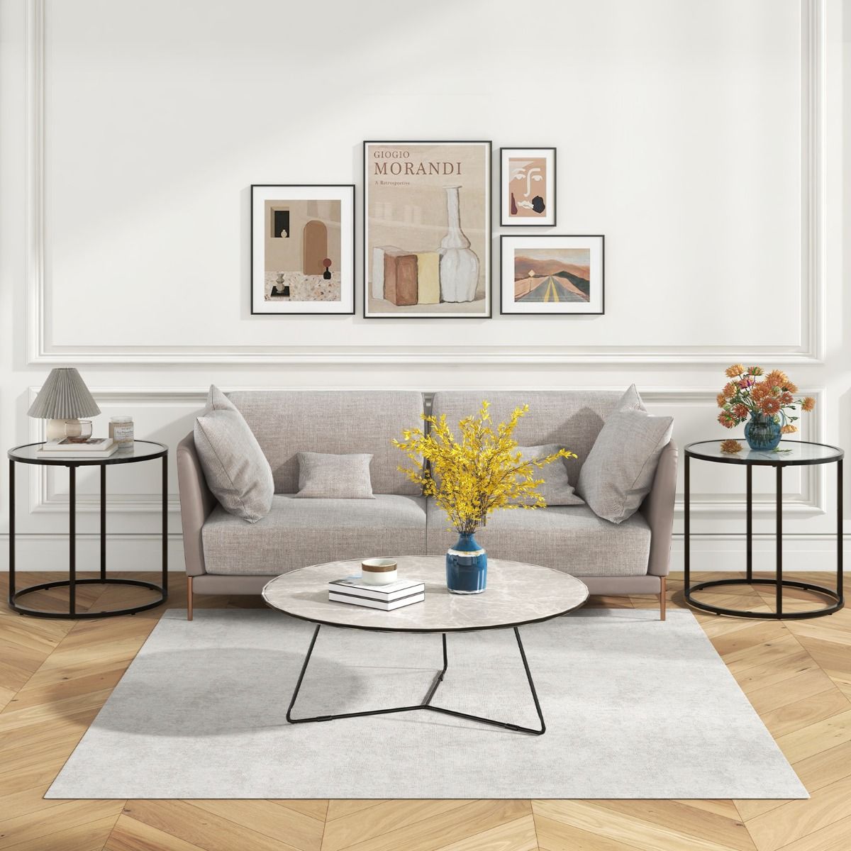 Coast Ronde Glazen Bijzettafel met Marmerlook Blad en Metaalframe – Modern Design - 50 cm - Zwart