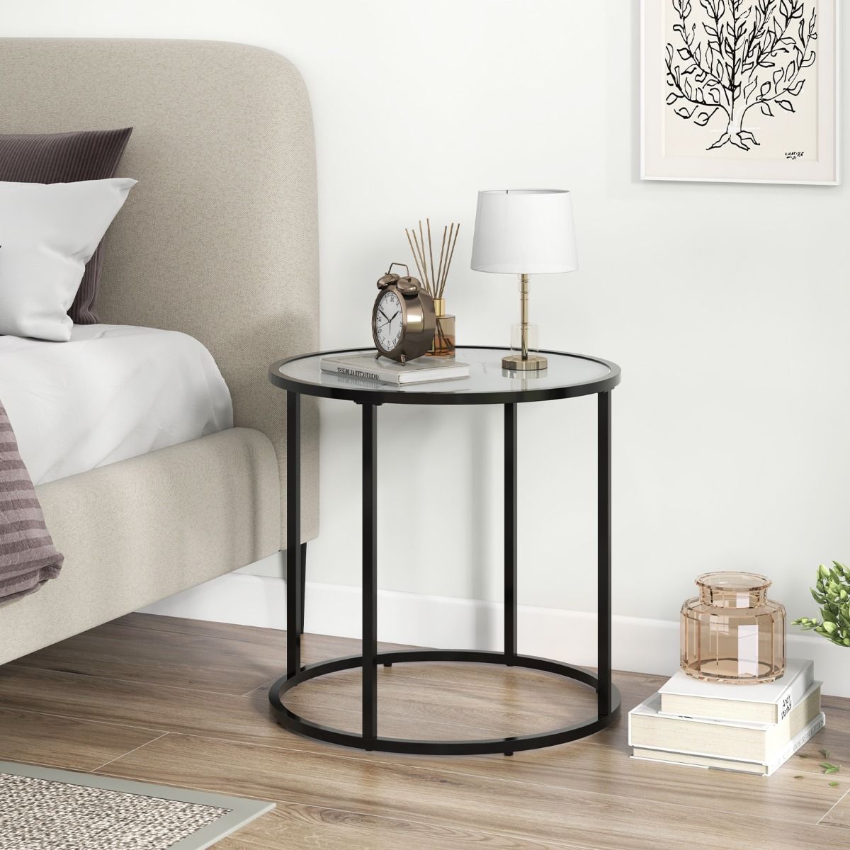 Coast Ronde Glazen Bijzettafel met Marmerlook Blad en Metaalframe – Modern Design - 50 cm - Zwart