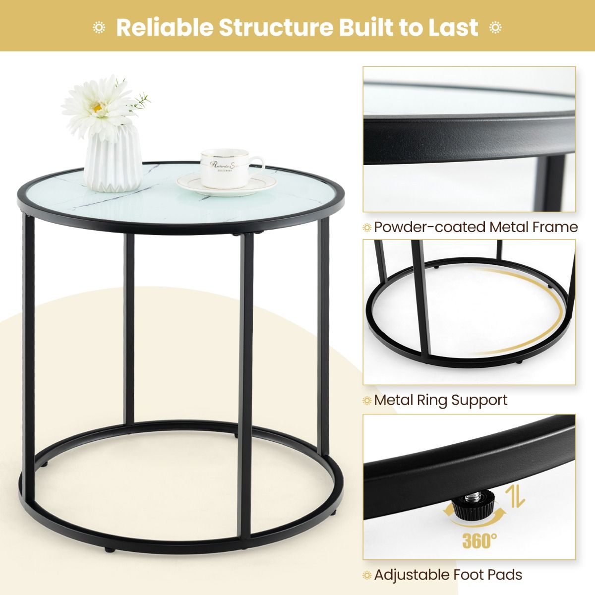 Coast Ronde Glazen Bijzettafel met Marmerlook Blad en Metaalframe – Modern Design - 50 cm - Zwart