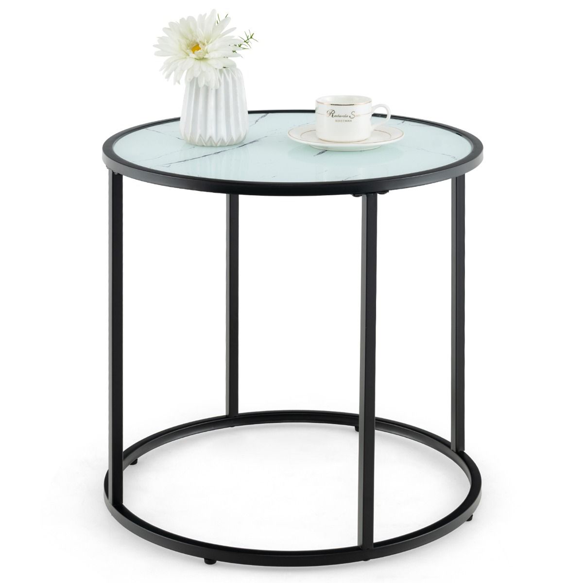Coast Ronde Glazen Bijzettafel met Marmerlook Blad en Metaalframe – Modern Design - 50 cm - Zwart